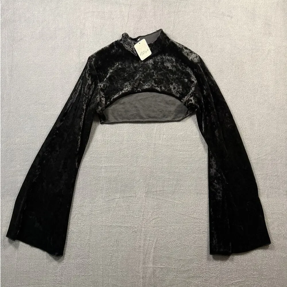 NWT Free People Velvet Velour Super Crop Blouse Bell Sleeve Black Size XS/S - Picture 2 of 6